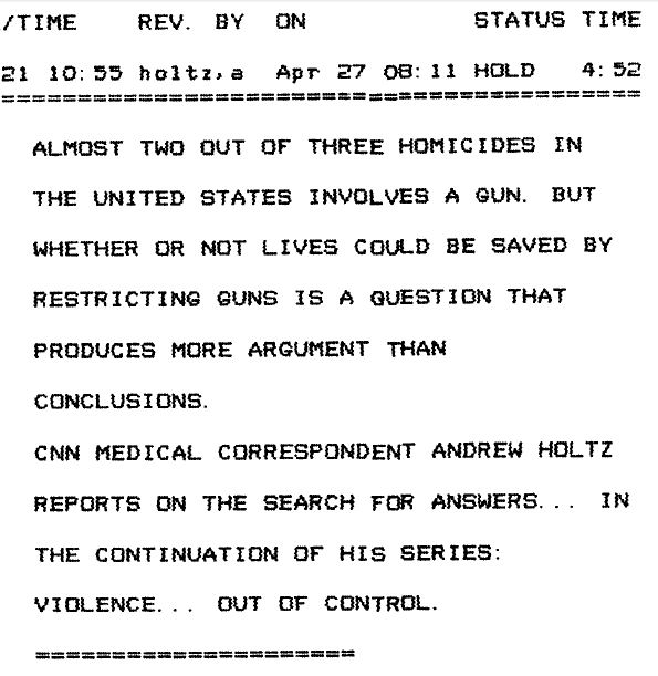 CNN Violence Series Part 4 Guns Anchor Lead May 1992